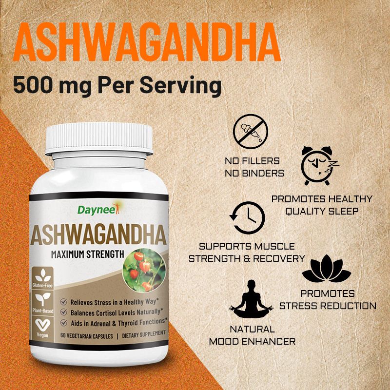 Ashwagandha Capsules with Maca and Vitamin C | Dietary Supplement for Stress, Energy, Focus, Thyroid, and Blood Pressure