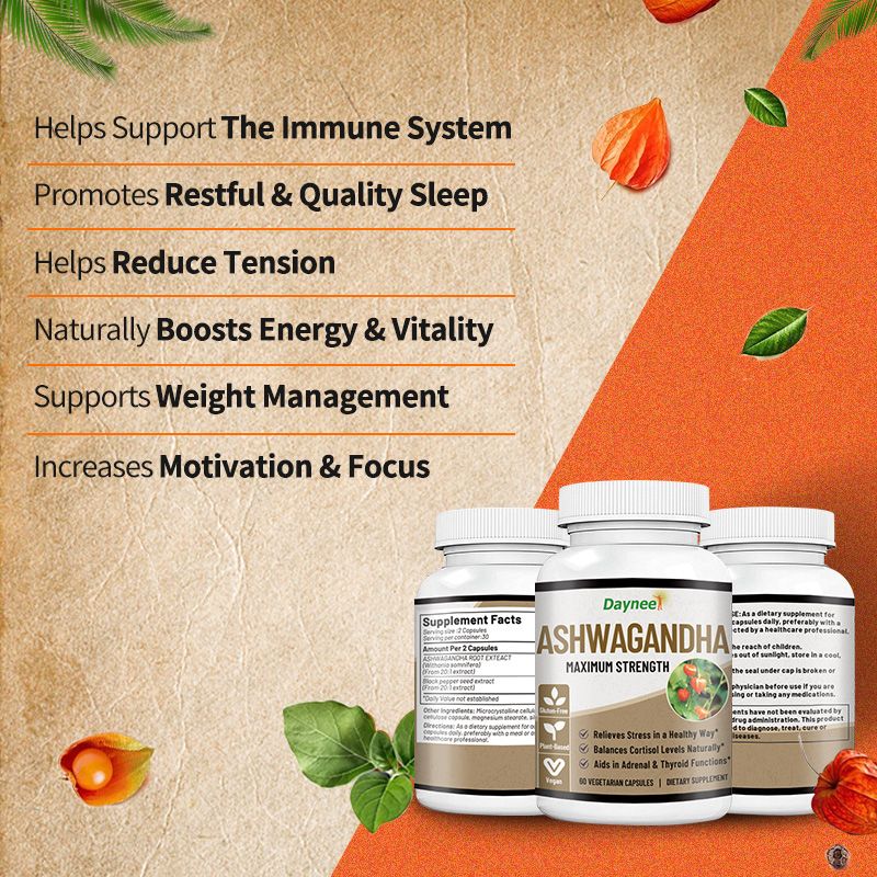 Ashwagandha Capsules with Maca and Vitamin C | Dietary Supplement for Stress, Energy, Focus, Thyroid, and Blood Pressure