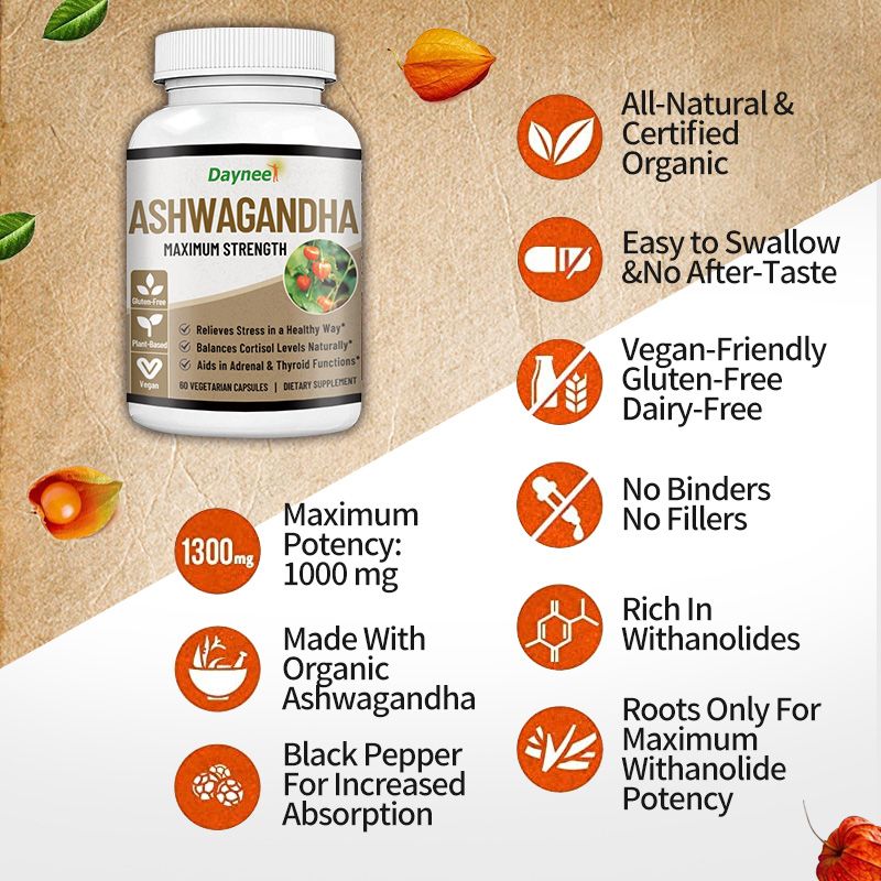 Ashwagandha Capsules with Maca and Vitamin C | Dietary Supplement for Stress, Energy, Focus, Thyroid, and Blood Pressure
