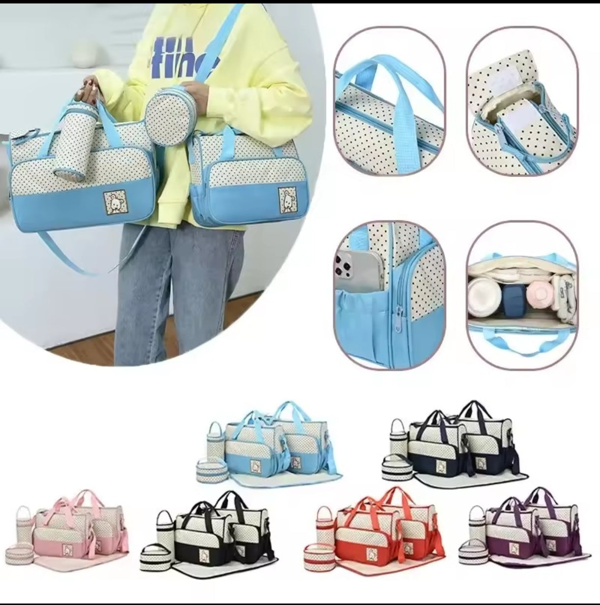 5-in-1 Diaper Bag Set with Large Bag, Small Bag, Bottle Bag, Food Bag, and Diaper Changing Pad