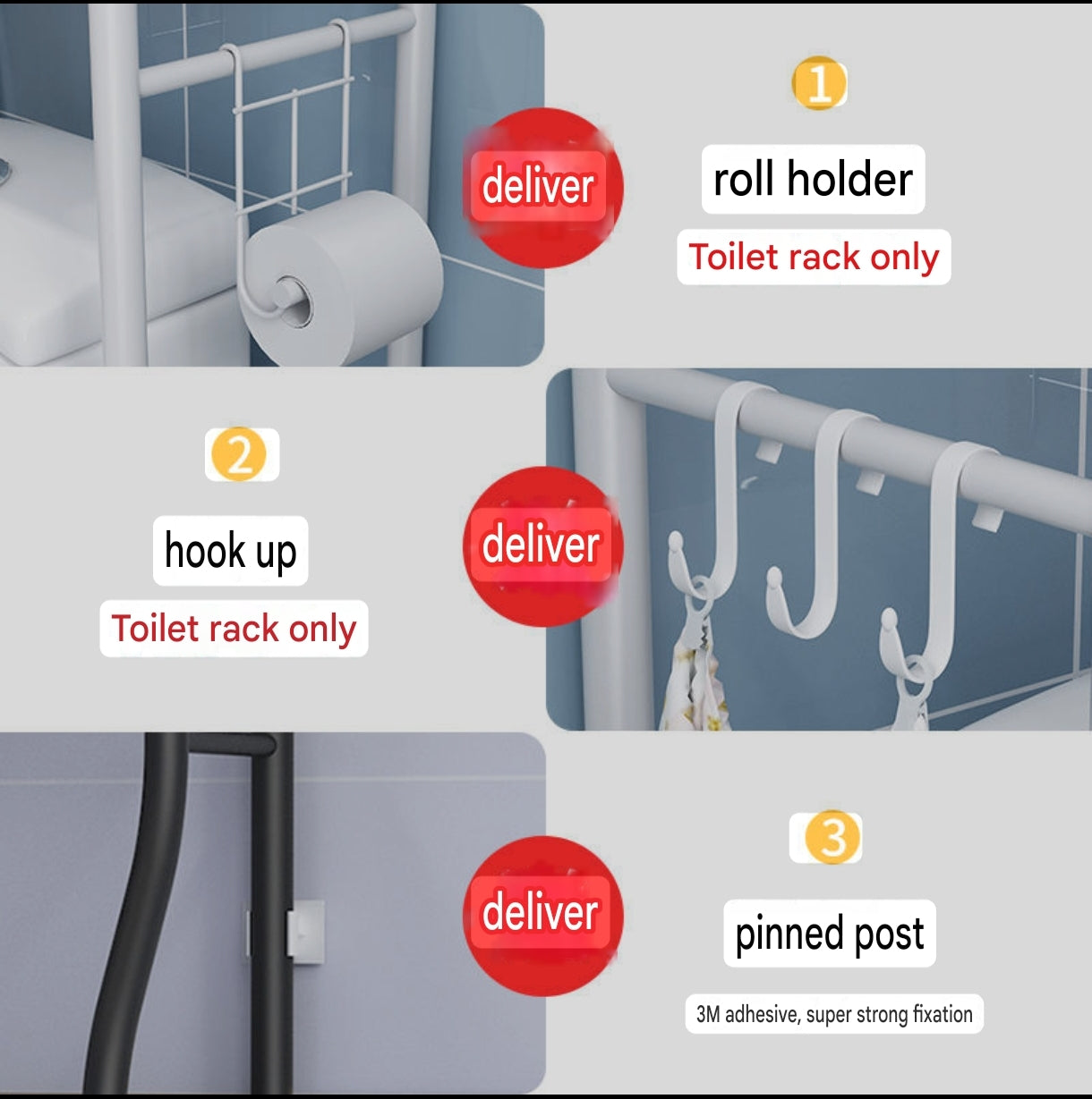 3-Tier Over-the-Toilet Organizer Rack with Side Hooks | Space-Saving Washing Machine Storage Rack