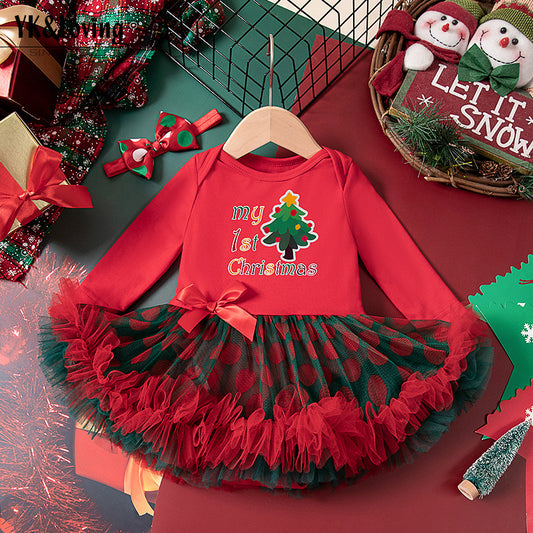 2-Piece "My 1st Christmas" Outfit Set for Girls with Long-Sleeve Romper Dress and Headband