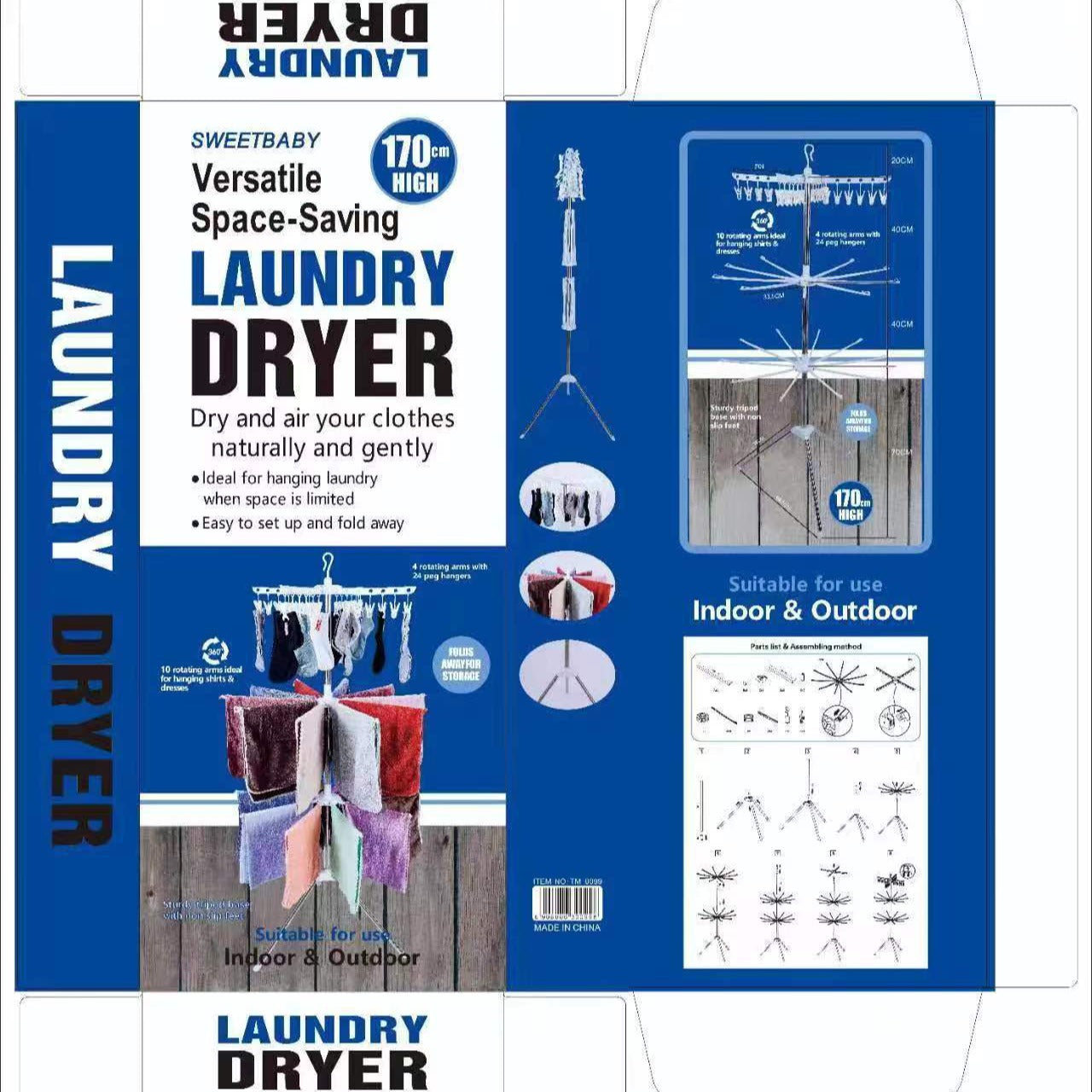 3-Tier Space-Saving Rotating Laundry Dryer Stand with 24 Pegs (170cm high, 10 rotating arms) | Foldable Stainless-Steel Rack for Drying Clothes