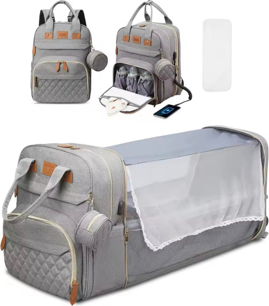 Multifunctional Diaper Bag with Foldable Bed, Changing Mat, Bottle Pockets and USB Charging Port