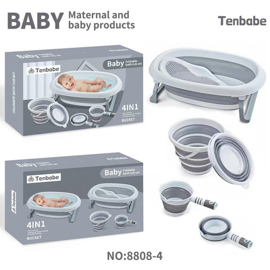 TENBABE 4-in-1 Baby Foldable Bathing Set with Bathtub, Bath Rack, Bucket, and Water Ladle.