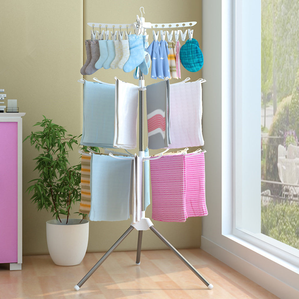 3-Tier Space-Saving Rotating Laundry Dryer Stand with 24 Pegs (170cm high, 10 rotating arms) | Foldable Stainless-Steel Rack for Drying Clothes