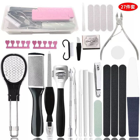 27-Piece Pedicure and Foot Scrubber Set with Nail Clippers, Cuticle Pushers, Nail Files, Buffers, Callus Removers, Foot Grater, Toe Separators, Brushes, Tweezers, and Storage Case
