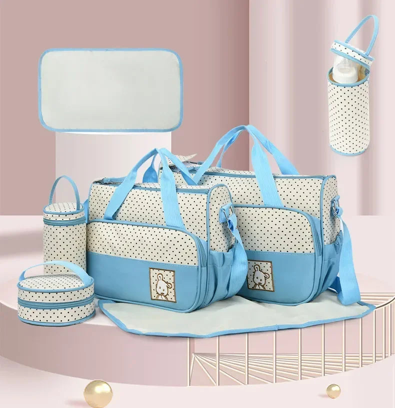 5-in-1 Diaper Bag Set with Large Bag, Small Bag, Bottle Bag, Food Bag, and Diaper Changing Pad