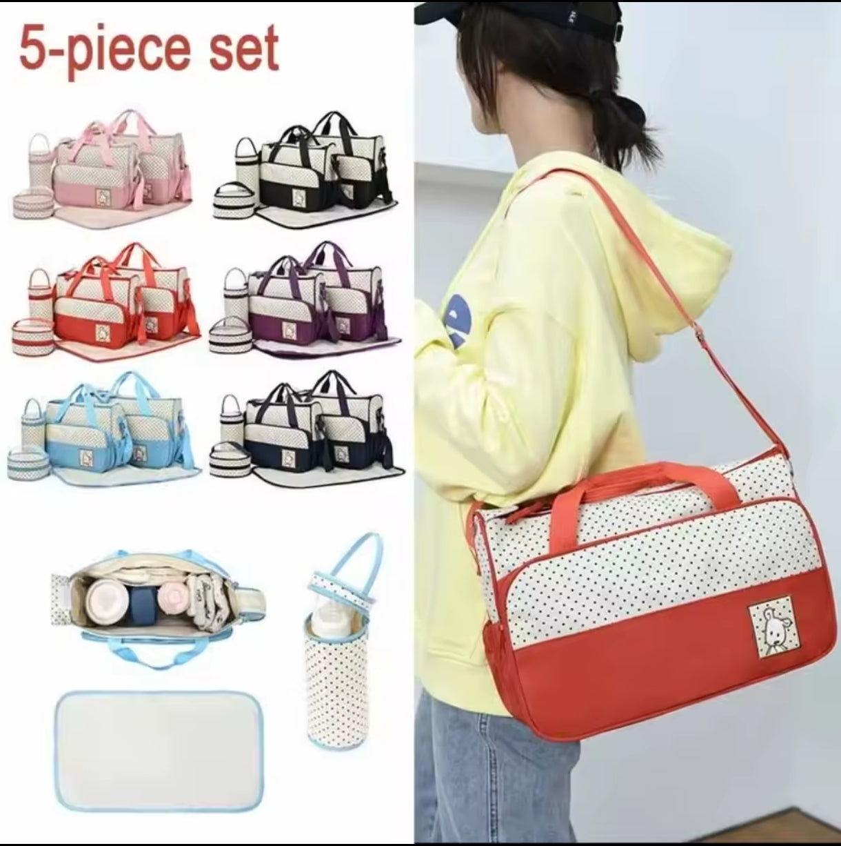 5-in-1 Diaper Bag Set with Large Bag, Small Bag, Bottle Bag, Food Bag, and Diaper Changing Pad
