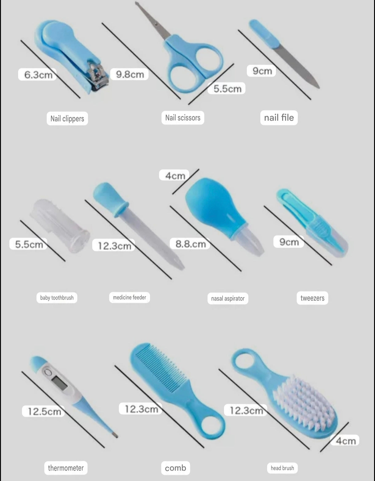 10-Piece Baby Care and Grooming Kit with Hair Brush, Comb, Nasal Aspirator, Digital Thermometer, Nail Scissors, Nail Clipper, Medicine Dropper, Nail File, Nose Tweezer, and Nail Clipper Cover
