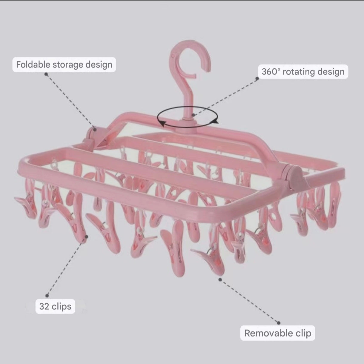32-Clip Foldable Drying Hanger with 360° Rotating Hook | Rectangular Space-Saving Drying Rack