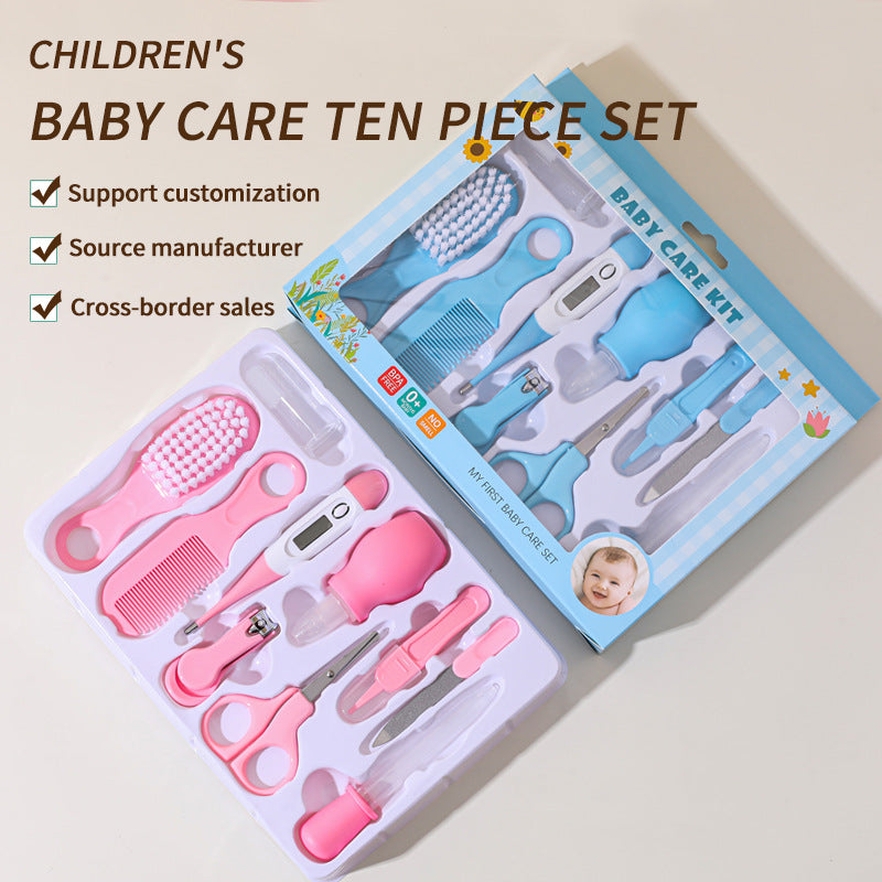 10-Piece Baby Care and Grooming Kit with Hair Brush, Comb, Nasal Aspirator, Digital Thermometer, Nail Scissors, Nail Clipper, Medicine Dropper, Nail File, Nose Tweezer, and Nail Clipper Cover