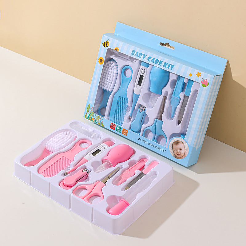 10-Piece Baby Care and Grooming Kit with Hair Brush, Comb, Nasal Aspirator, Digital Thermometer, Nail Scissors, Nail Clipper, Medicine Dropper, Nail File, Nose Tweezer, and Nail Clipper Cover