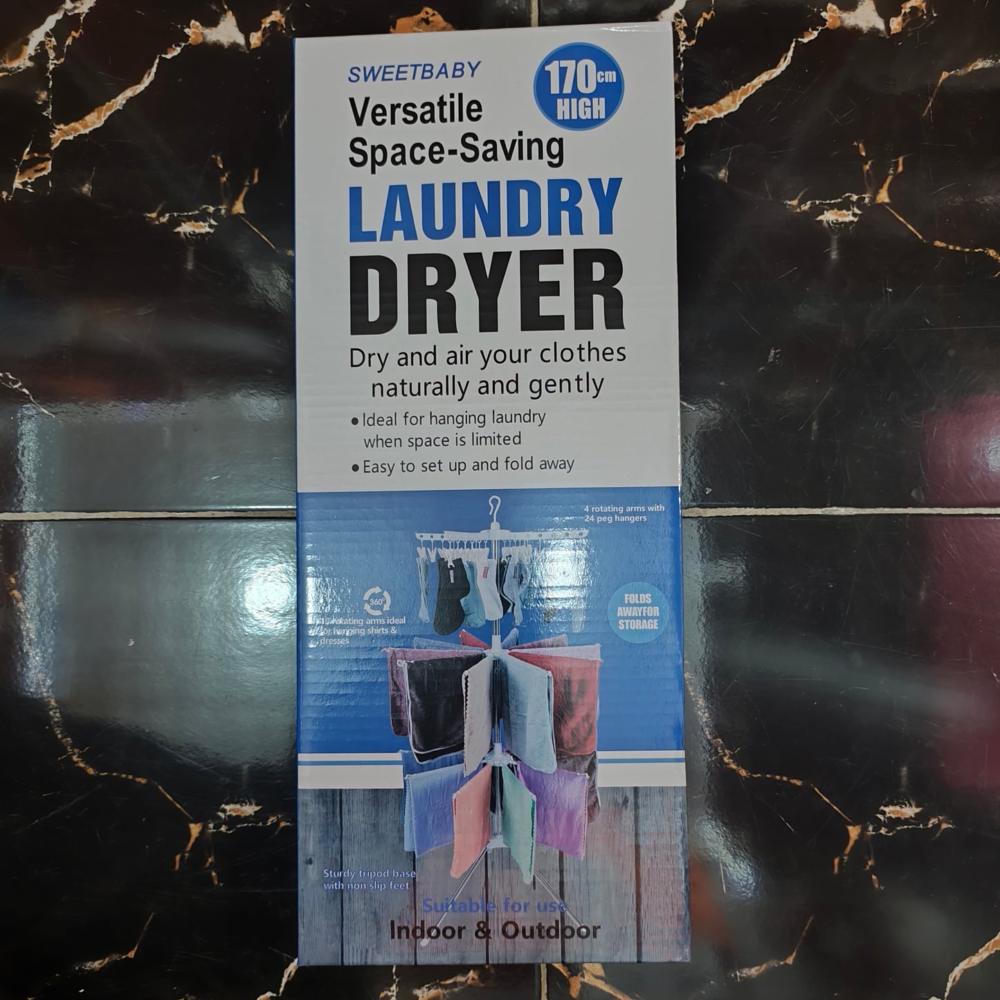 3-Tier Space-Saving Rotating Laundry Dryer Stand with 24 Pegs (170cm high, 10 rotating arms) | Foldable Stainless-Steel Rack for Drying Clothes