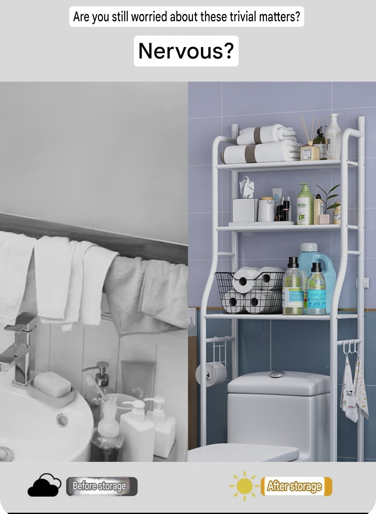 3-Tier Over-the-Toilet Organizer Rack with Side Hooks | Space-Saving Washing Machine Storage Rack